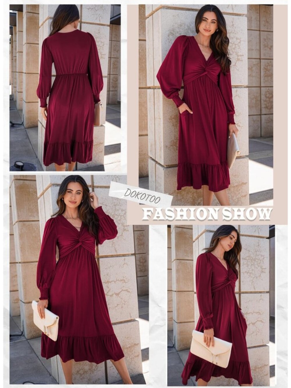 Womens 2026 Wrap V-Neck Twist Knot Long Sleeve Empire Waist Midi Maxi Dress